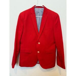 H&M Women's Red Linen Cotton Blazer Blue Striped Lining 38‎ R (Medium)